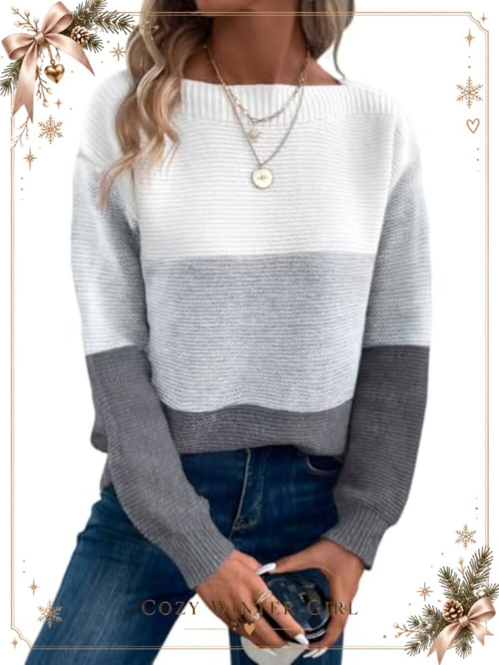 Womens Long Sleeve Crew Neck Color Block Knitted Pullover Sweater Jumper